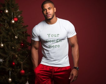 Christmas T-Shirt Mockup: Male Model, Red Holiday Background (PSD & PNG)