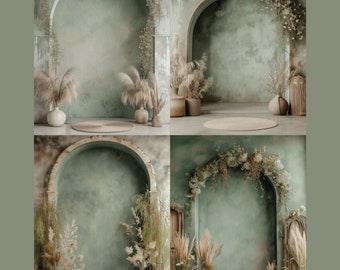 Sage Green Boho Arch Digital Backdrop: Floral Photography Backgrounds (JPG & PSD)