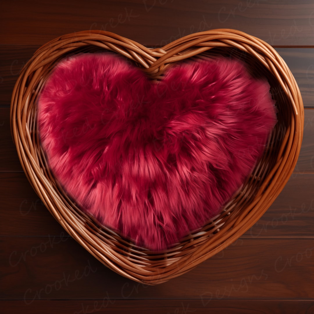 Newborn Basket Valentine's Day Photography Backdrop, Red Heart Pillow
