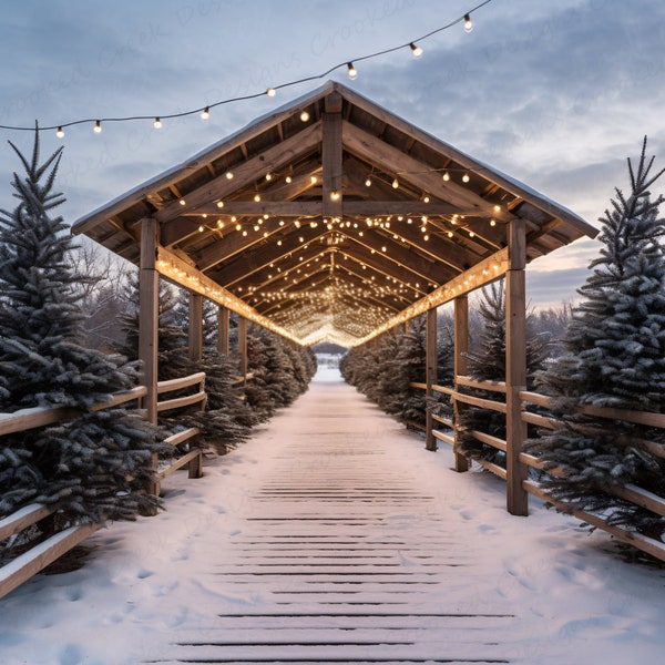 Christmas Tree Farm Digital Backdrop | Winter Holidays Tree and Covered Bridge Background PSD and PNG Downloads