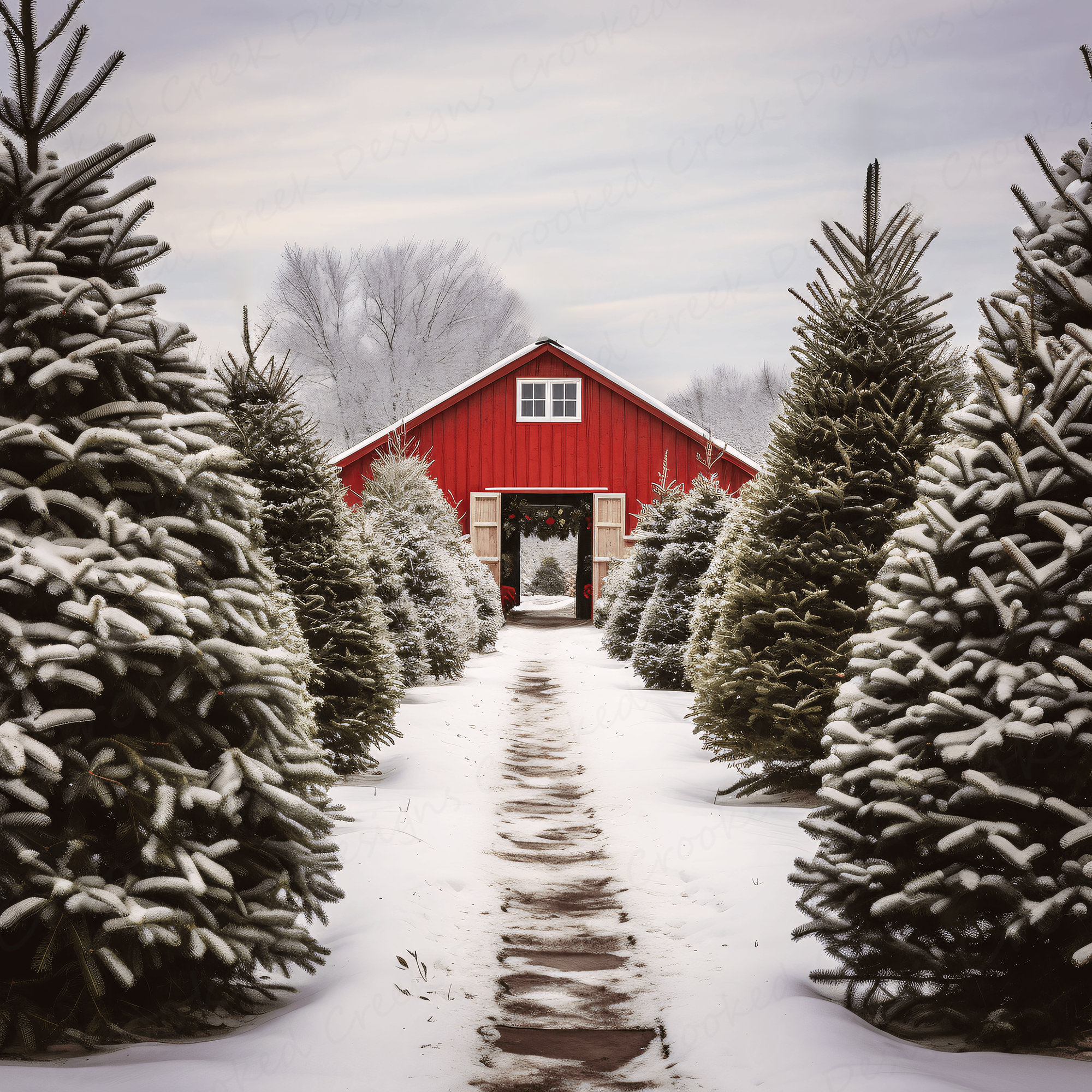 Christmas Tree Farm Digital Backdrop Winter Holidays Tree and Barn