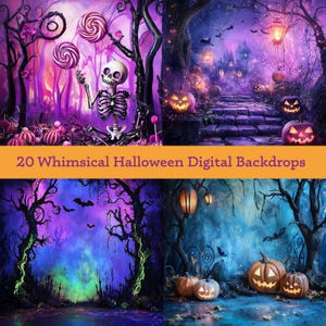 May include: A set of 20 digital Halloween backdrops featuring whimsical scenes with spooky trees, jack-o'-lanterns, and a skeleton holding candy. The backdrops are perfect for creating festive Halloween photos.