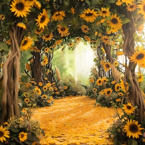 Könnte beinhalten: Ein mit gelben Blütenblättern ausgelegter Weg führt zu einem fantasievollen Torbogen aus Sonnenblumen und Grün.