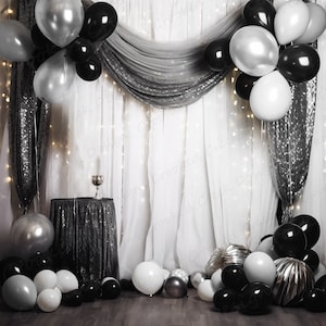New Year&#39;s Eve Photography Backdrop: Black, Silver, White Balloons (Digital Download)