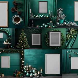 Holiday Wall Art Picture Frame Mockup Bundle | Set of 10 Green Christmas Mockups PNG and PSD (Smart Objects) Digital Downloads