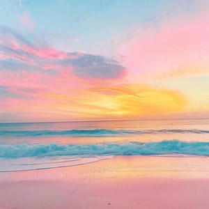 May include: A vibrant sunset over a calm ocean with a sandy beach in the foreground. The sky is a mix of pink, orange, and yellow, with fluffy clouds. The water is a turquoise blue, and the sand is a soft pink.