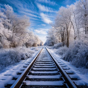 Winter Digital Photography Backdrop | Train Tracks at Christmas Photography Background PSD and PNG Downloads
