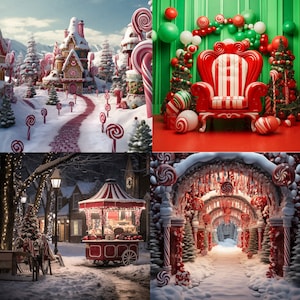 May include: A collage of four images featuring a whimsical candy-themed winter wonderland. The first image shows a gingerbread house with a candy cane path leading to it. The second image shows a red and white striped armchair with candy cane decorations. The third image shows a red and white striped food cart with lights and candy decorations. The fourth image shows a snowy archway decorated with candy canes and red and white striped decorations.