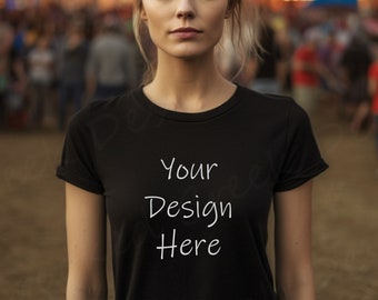 Black T-Shirt Mockup: Autumn Scene, Female Model (PSD & PNG)