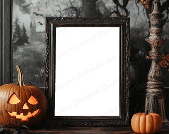 Halloween Frame Mockup: Pumpkins on Shelf, Transparent PNG (Digital Download)