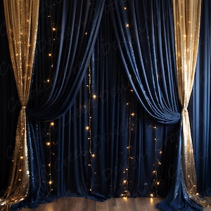 May include: A backdrop for photography featuring two navy blue velvet curtains with gold sequin curtains on either side. The curtains are draped and have string lights hanging in front of them. The backdrop is set against a wood floor.