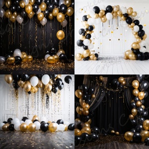 New Years Eve Photography Backdrop: Black, White, and Gold Balloons (Digital Download)