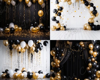 Black and Gold Photography Arch Backdrop | 4 Digital Party Backgrounds | Instant Download PNG and PSD Festive Backdrops
