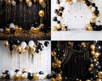 Black and Gold Balloon Arch Photography Backdrop (Digital Download)