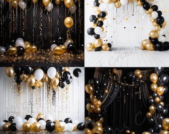 Black and Gold Photography Arch Backdrop | 4 Digital Party Backgrounds | Instant Download PNG and PSD Festive Backdrops