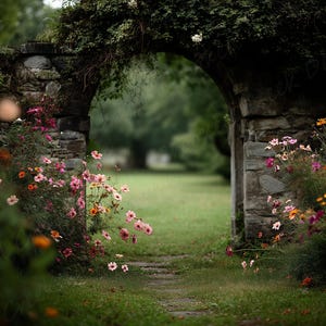 Op de afbeelding: Een stenen boog begroeid met groen leidt naar een pad door een tuin. Roze en witte bloemen bloeien langs de zijkanten van het pad en de boog.