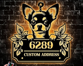 Custom Chihuahua Peeking Metal House Number LED Light, Personalized Address Sign For Outside Plaque, Gift Front Porch Decor Artwork