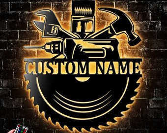 Personalized Handyman Metal Wall Art LED Light, Carpenter Tools Name Sign Home Decor, Repair Tools Decoration, Repair Tools Dad Gift