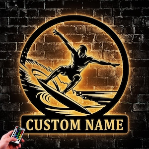 Custom LED Wave Metal Wall Art: Surfing Decor, Personalized Tropical Sign