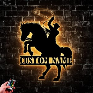 Custom Cowboy Western With Horse Metal Wall Art LED Light, Personalized Cowboy Lover Name Sign Home Decor, Gifts For Boyfriend Art