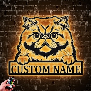 Custom Persian Cat Metal Wall Deor Led Lights, Cat Name Sign Decoration Persian Cat Metal Sign Animal Wall Art Cat Lover