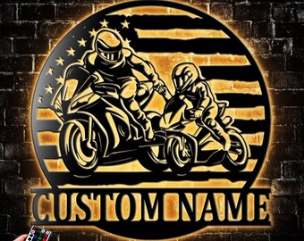 Personalized US Motorbike Father And Son Metal Wall Art With Led Light, Biker Name Sign Decoration For Living Room, Motocross Home Decor