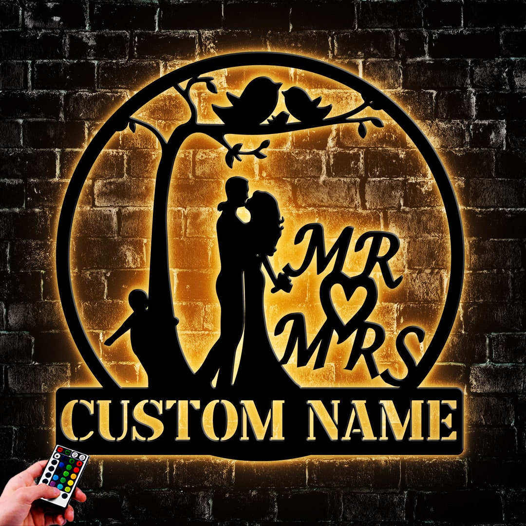 Custom Wedding Metal Wall Art LED Light, Personalized Mr and Mrs Name ...