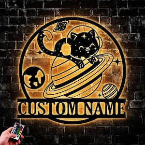 Custom Cat Moon Universe Metal Wall Art LED Light, Personalized Astronaut Cat Lover Name Sign Home Decor, Gift For Son, Daughter Circle
