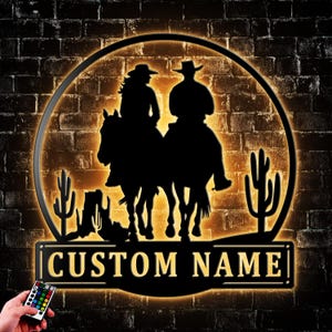 Personalized Cowboy Cowgirl V1 Metal Wall Art LED Light Family Name Sign Home Decor Horse Farmhouse Barn Nursery Decoration Xmas