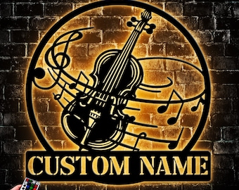 Custom Fiddle Musical Instrument Metal Wall Art LED Light, Personalized Fiddle Teacher Name Sign Home Decor, Gift For Musician Art