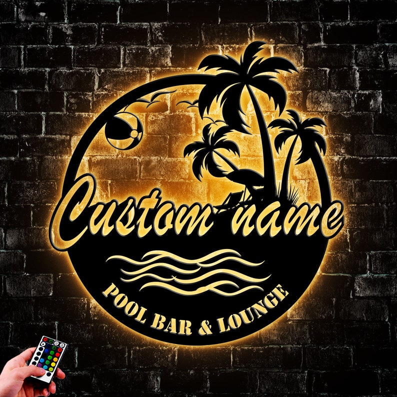 Custom Backyard Pool Metal Wall Art Led Light, Personalized Patio Lover ...