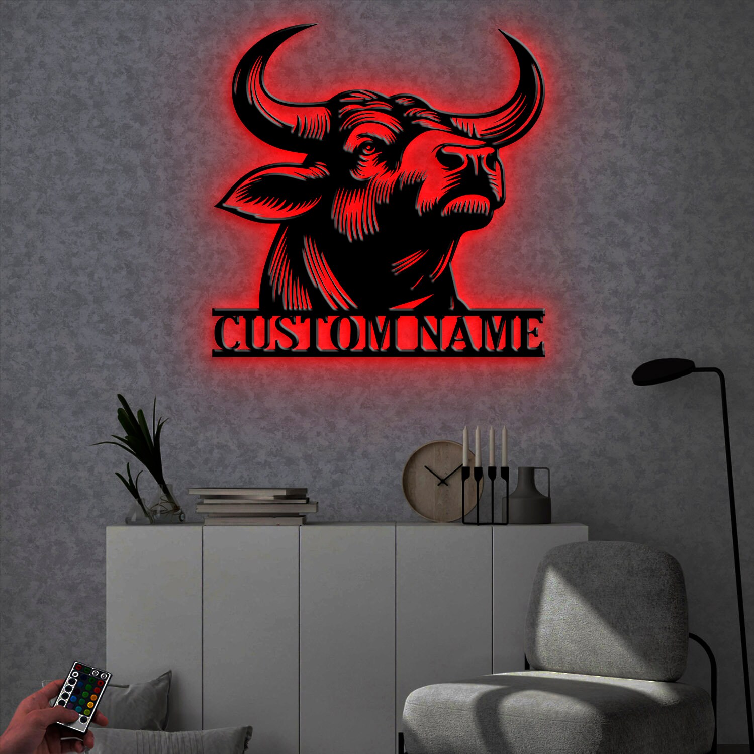 Custom Head Bull Metal Wall Art Led Light, Personalized Cowherd Name ...