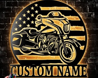 Personalized US Touring Motorcycle Metal Wall Art With Led Light, Biker Name Sign Decoration For Living Room, Motocross Outdoor Home Decor