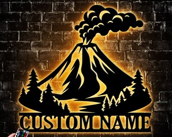Custom Volcano Metal Wall Art LED Light, Personalized Nature Lover Name Sign Home Decor, Gift For Everyone, Decoration Hanging Artwork