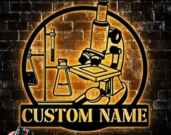 Custom Scientist Microscope Metal Wall Art Led Light, Personalized Biologist Name Sign Home Decor, Gift For Lab Tech Circle