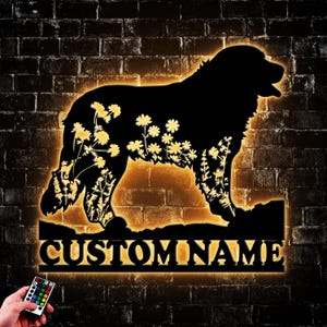 Custom FLoral Dog Metal Wall Art LED Light, Personalized Wild Flower Dog Lover Name Sign Home Decor, Gifts For Animals Lover Artwork