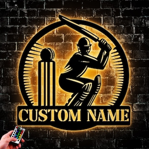 Custom Ball Cricket Metal Wall Art Led Light, Personalized Cricket Player Name Sign Home Decor, Housewarming Gifts, Gifts For Husband Circle