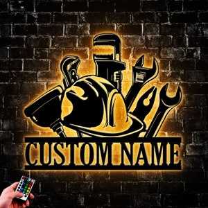 Custom Plumber Tools Metal Wall Art Led Light, Personalized Plumber Name Sign Home Decor, Gift For Dad, Granddad, Mancave Decor Artwork