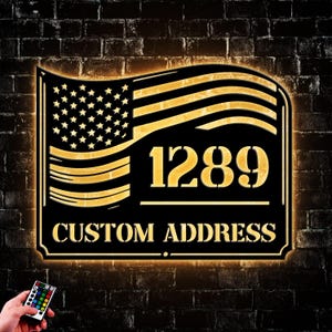 Custom American Flag Metal House Number LED Light, Personalized Address Sign For Outside Plaque, House Housewarming Gift Front Porch Decor