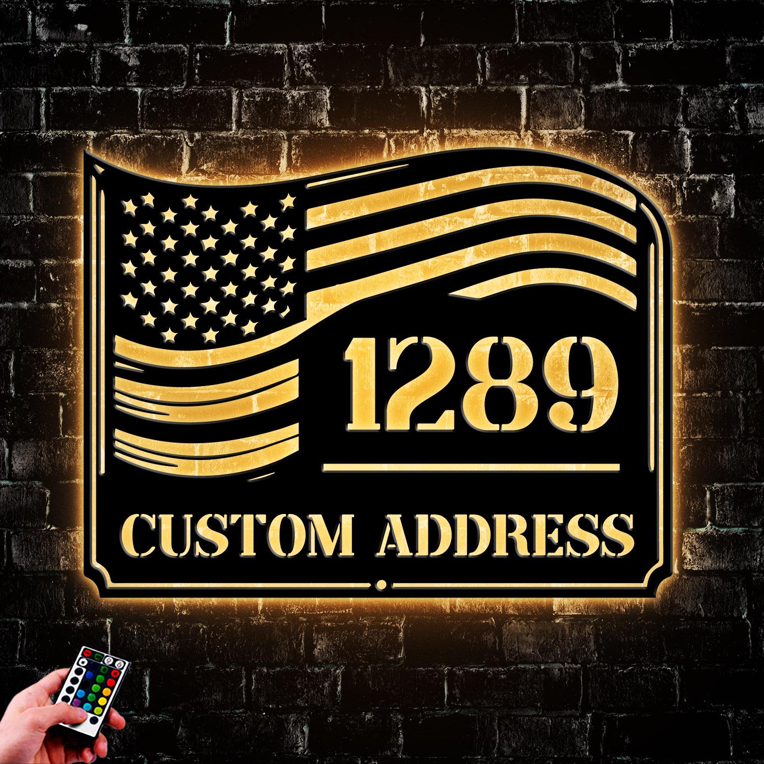 Custom American Flag Metal House Number LED Light, Personalized Address Sign For Outside Plaque, House Housewarming Gift Front Porch Decor
