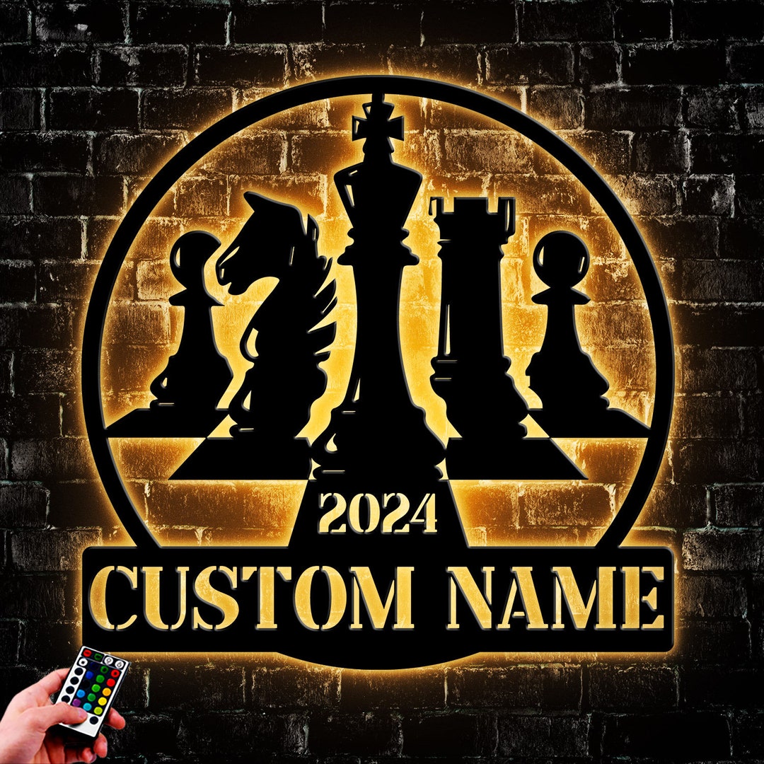 Custom Chess Metal Wall Art Led Light, Personalized Chess Player Name ...