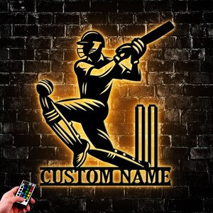 Custom Ball Cricket Metal Wall Art Led Light, Personalized Cricket Player Name Sign Home Decor, Housewarming Gifts, Gifts For Husband Art