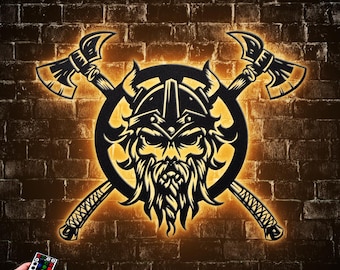 Viking Axe Skull Metal Wall Art LED Light Viking Warrior Metal Sign Decoration Scandinavian Home Art, Runic Wall Hanging, Housewarming Gift