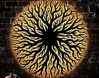 Abstract Round Wall Decor For Home, Above Couch Metal Wall Decor Led Light Contemporary Living Room Deco, Modern Tree of Life Metal Wall Art