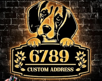 Custom Beagle Peeking Metal House Number LED Light, Personalized Address Sign For Outside Plaque, House Housewarming Gift Front Porch Decor