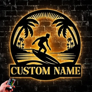 Custom Surfing Metal Wall Art Led Light, Personalized Surfer Name Sign Home Decor, Housewarming Gifts, Decoration Hanging For Home Circle