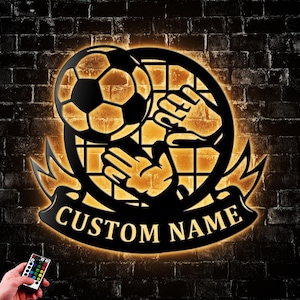 Personalized Goalkeeper Metal Wall Art LED Light Soccer Player Name Sign Home Decor Goalie Kid Nursery Decoration Xmas Gift