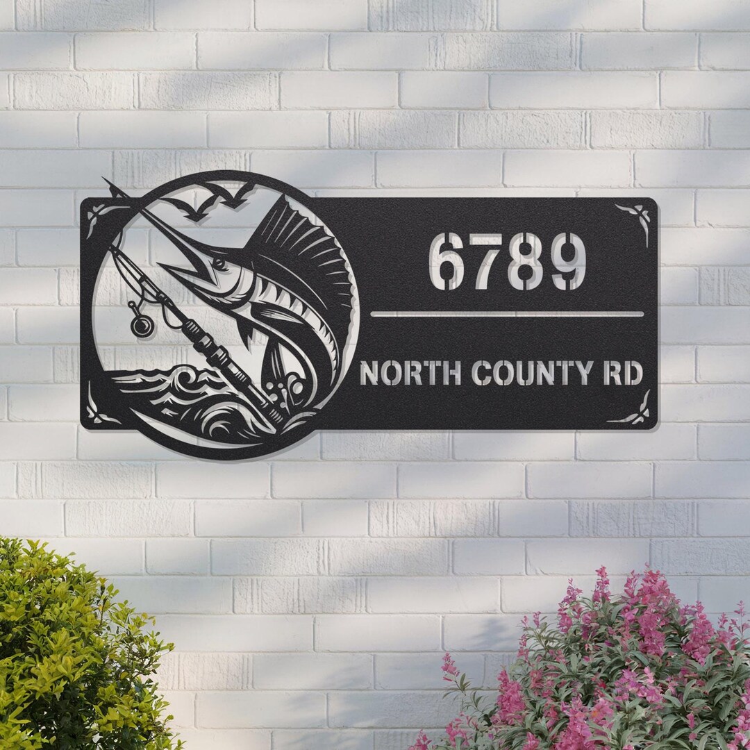 Custom Marlin Fish Address Sign, Personalized Fisher Name Yard Stake ...