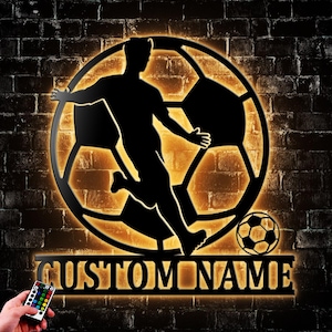 Personalized Man Soccer Metal Wall Art LED Light Football Player Name Sign Home Decor Kid Boy Girl Nursery Decoration