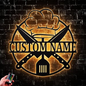 Personalized Chef Logo Metal Wall Art LED Light Backyard Cooking Lover Name Sign Home Decor Kitchen Decoration Dad Gift
